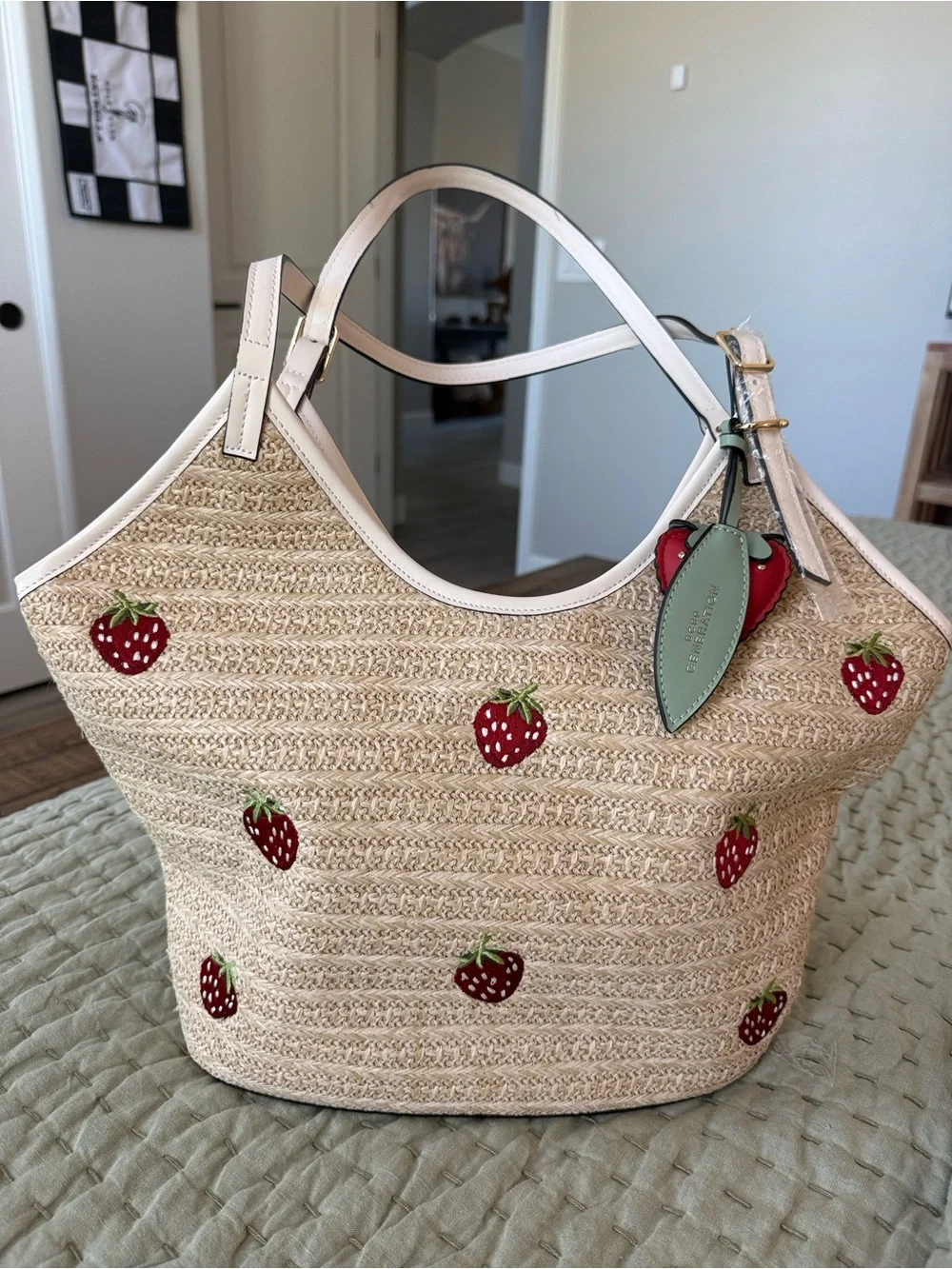 BCBGeneration Straw Tote with Red Strawberry Appliqués and Cream Trim